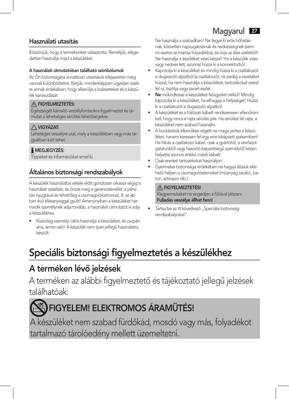 Speciális biztonsági figyelmeztetés a készülékhez, Magyarul, Használati utasítás | Általános biztonsági rendszabályok | AEG HTD 5616 User Manual | Page 27 / 40