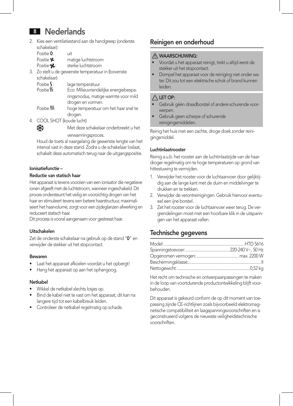 Nederlands, Reinigen en onderhoud, Technische gegevens | AEG HTD 5616 User Manual | Page 8 / 40