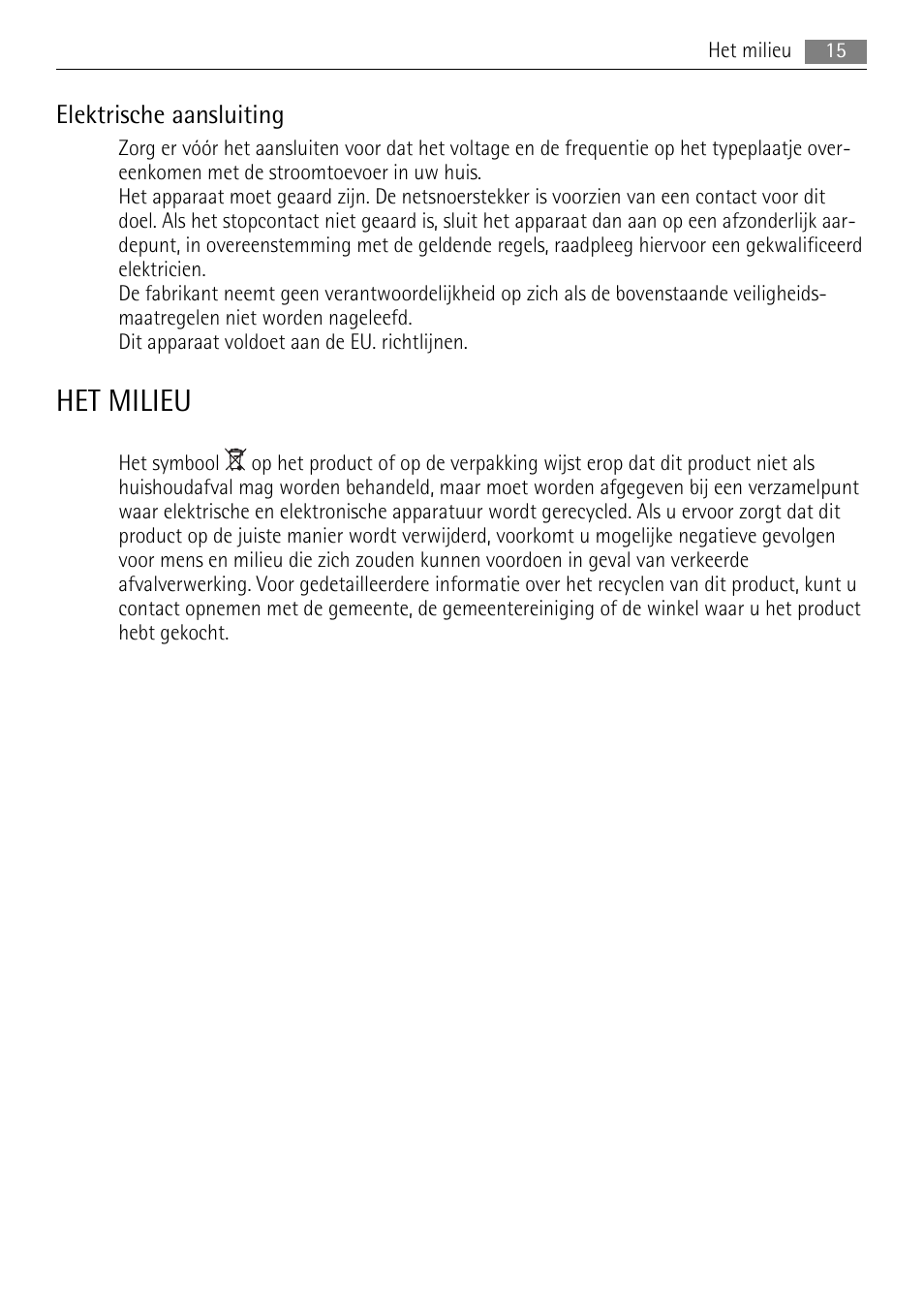 Het milieu, Elektrische aansluiting | AEG AGS57200S0 User Manual | Page 15 / 72