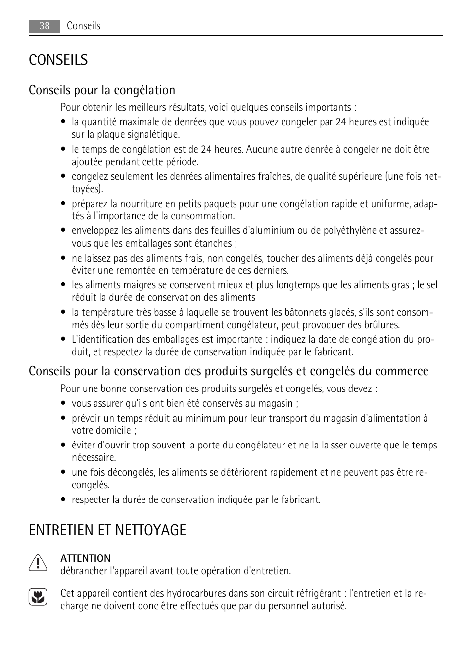 Conseils, Entretien et nettoyage, Conseils pour la congélation | AEG AGS57200S0 User Manual | Page 38 / 72