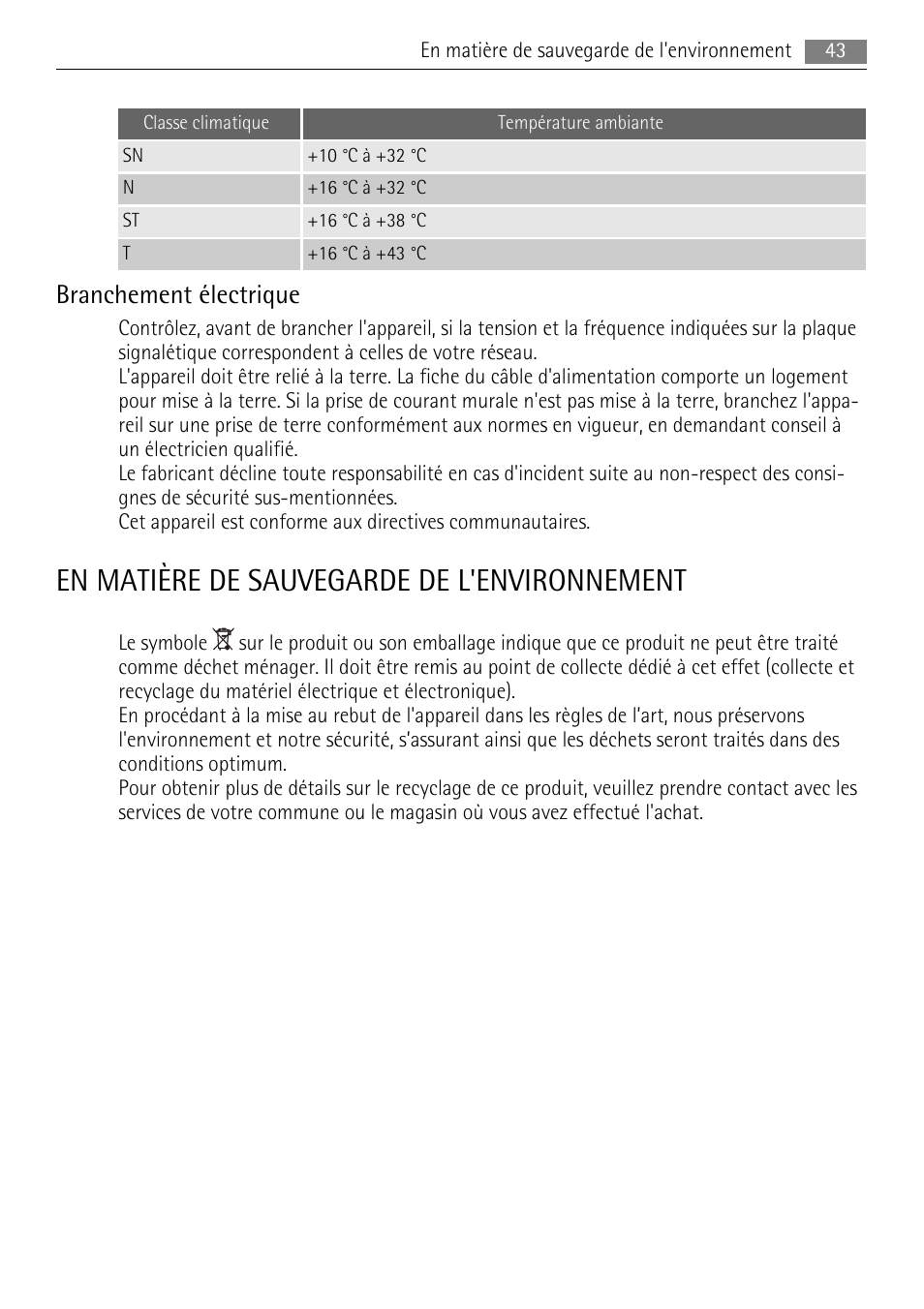 En matière de sauvegarde de l'environnement, Branchement électrique | AEG AGS57200S0 User Manual | Page 43 / 72