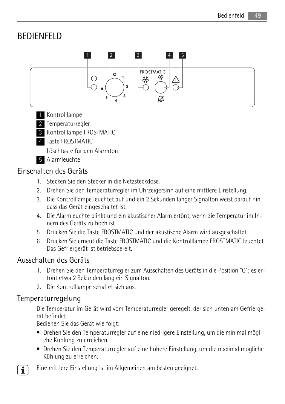 Bedienfeld, Einschalten des geräts, Ausschalten des geräts | Temperaturregelung | AEG AGS57200S0 User Manual | Page 49 / 72