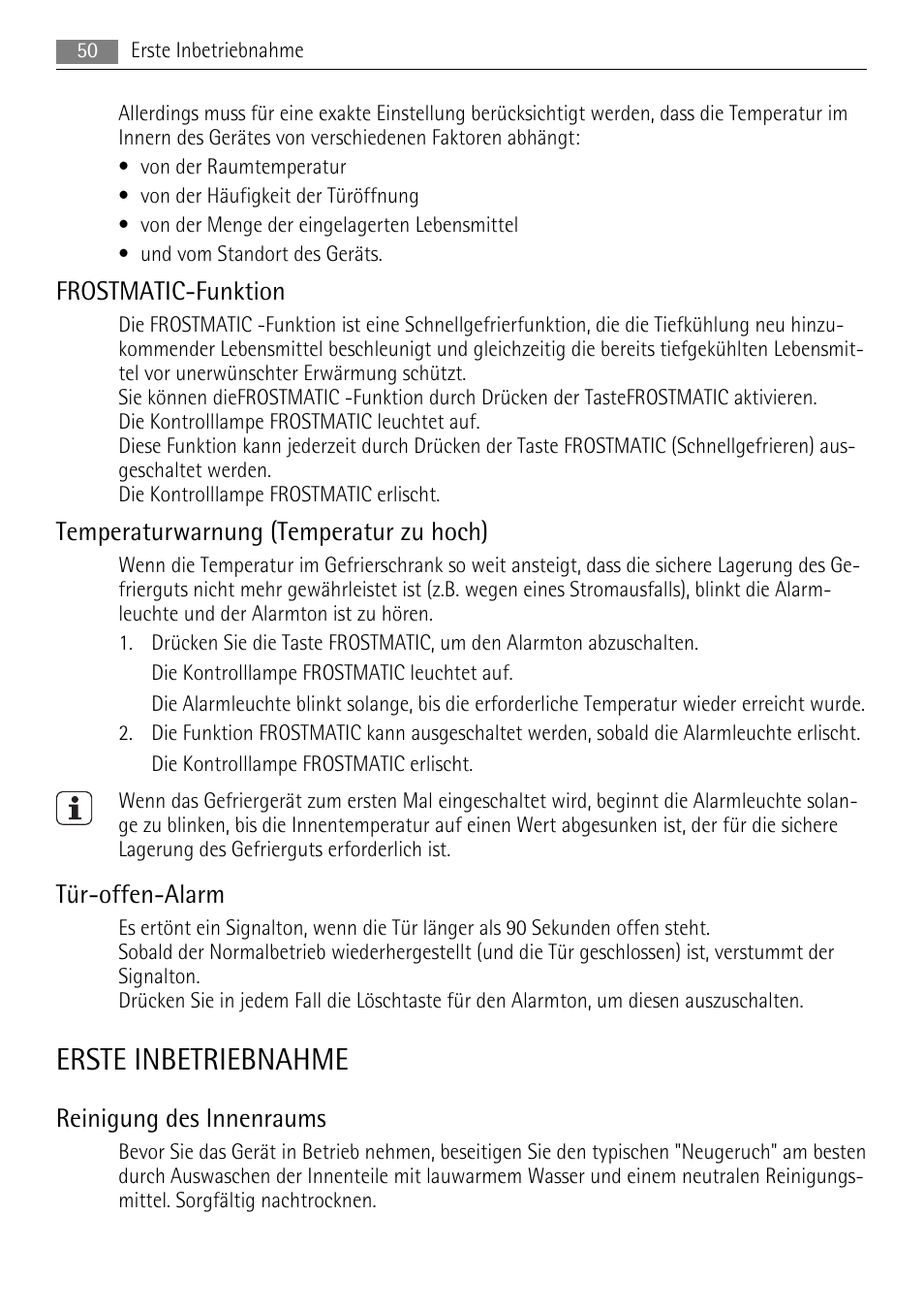 Erste inbetriebnahme, Frostmatic-funktion, Temperaturwarnung (temperatur zu hoch) | Tür-offen-alarm, Reinigung des innenraums | AEG AGS57200S0 User Manual | Page 50 / 72