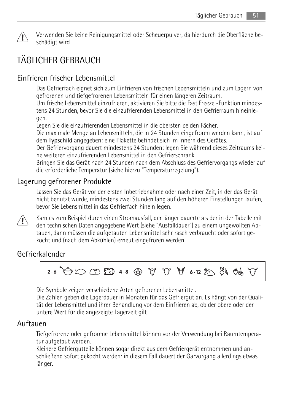 Täglicher gebrauch, Einfrieren frischer lebensmittel, Lagerung gefrorener produkte | Gefrierkalender, Auftauen | AEG AGS57200S0 User Manual | Page 51 / 72