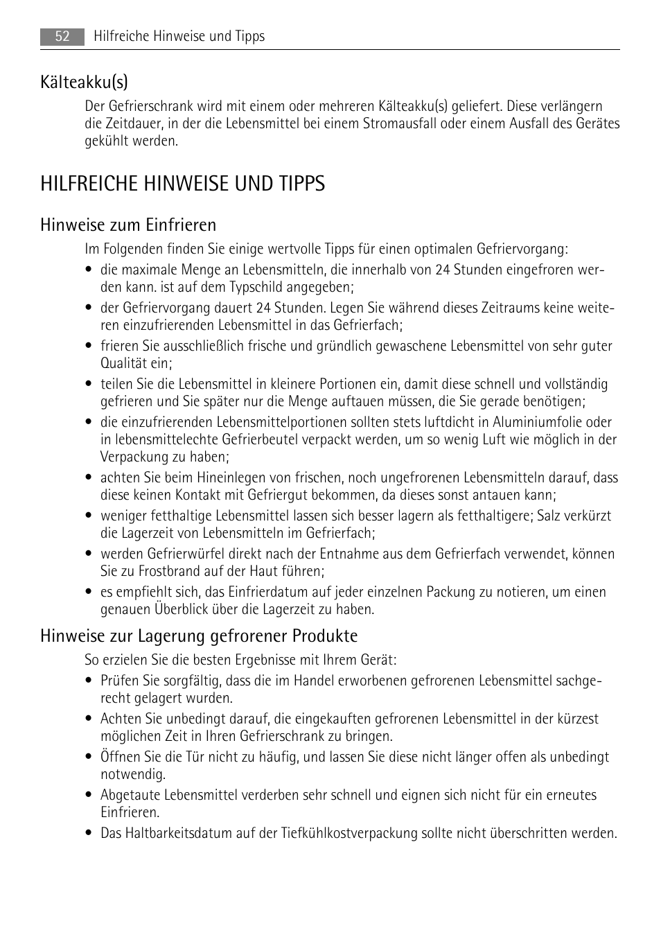 Hilfreiche hinweise und tipps, Kälteakku(s), Hinweise zum einfrieren | Hinweise zur lagerung gefrorener produkte | AEG AGS57200S0 User Manual | Page 52 / 72