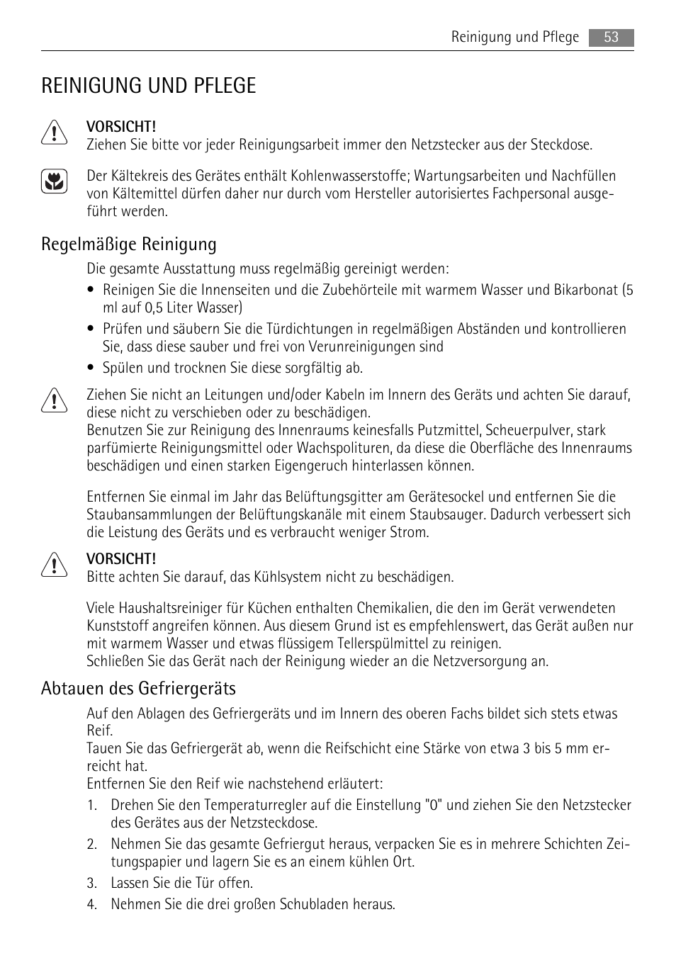 Reinigung und pflege, Regelmäßige reinigung, Abtauen des gefriergeräts | AEG AGS57200S0 User Manual | Page 53 / 72