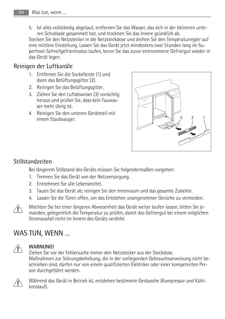 Was tun, wenn, Reinigen der luftkanäle, Stillstandzeiten | AEG AGS57200S0 User Manual | Page 54 / 72