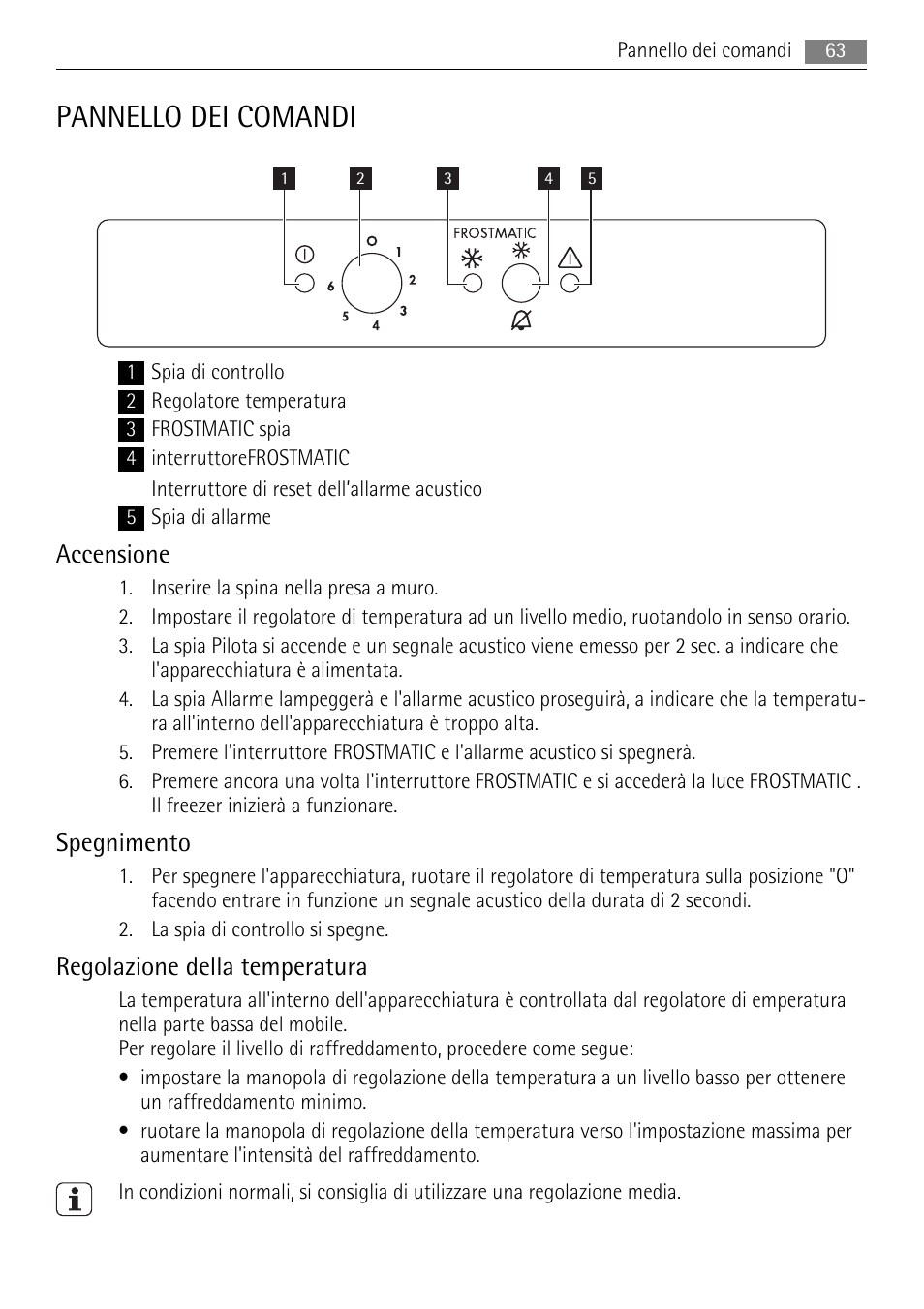 Pannello dei comandi, Accensione, Spegnimento | Regolazione della temperatura | AEG AGS57200S0 User Manual | Page 63 / 72