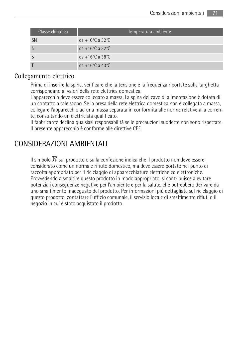 Considerazioni ambientali, Collegamento elettrico | AEG AGS57200S0 User Manual | Page 71 / 72