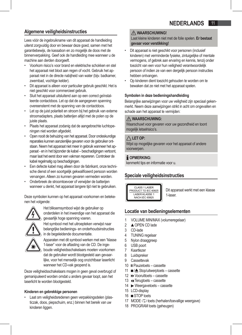 Nederlands, Algemene veiligheidsinstructies, Speciale veiligheidsinstructies | Locatie van bedieningselementen | AEG SRP 4335 CD-MP3 User Manual | Page 11 / 74