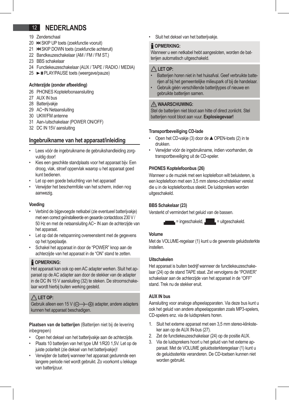 Nederlands, Ingebruikname van het apparaat/inleiding | AEG SRP 4335 CD-MP3 User Manual | Page 12 / 74