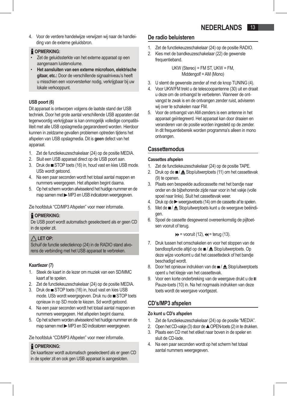 Nederlands, De radio beluisteren, Cassettemodus | Cd’s/mp3 afspelen | AEG SRP 4335 CD-MP3 User Manual | Page 13 / 74