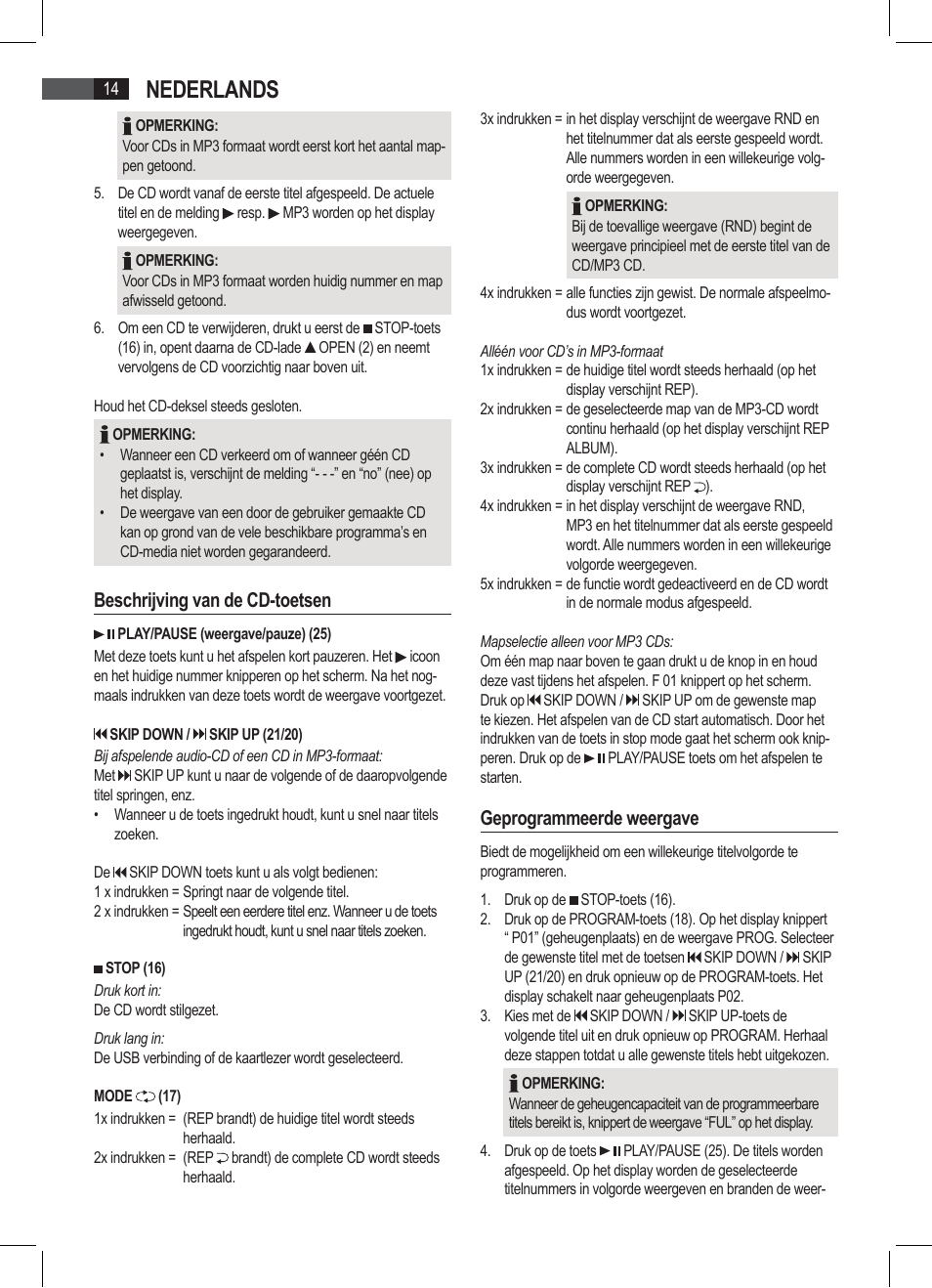 Nederlands, Beschrijving van de cd-toetsen, Geprogrammeerde weergave | AEG SRP 4335 CD-MP3 User Manual | Page 14 / 74