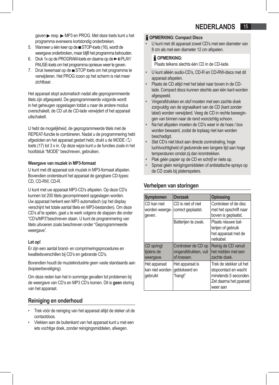Nederlands, Reiniging en onderhoud, Verhelpen van storingen | AEG SRP 4335 CD-MP3 User Manual | Page 15 / 74