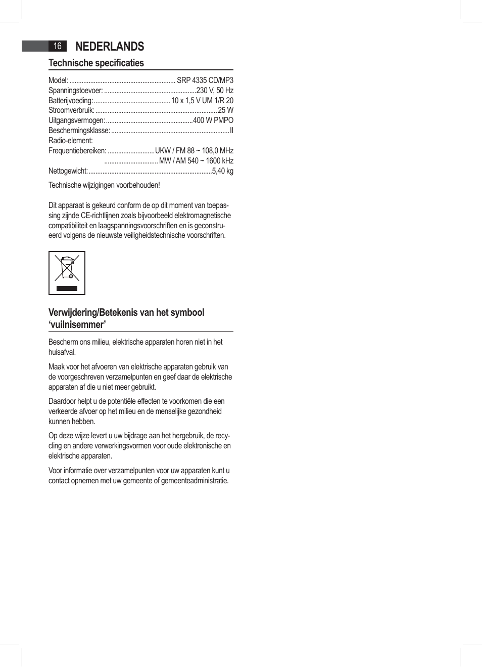 Nederlands | AEG SRP 4335 CD-MP3 User Manual | Page 16 / 74
