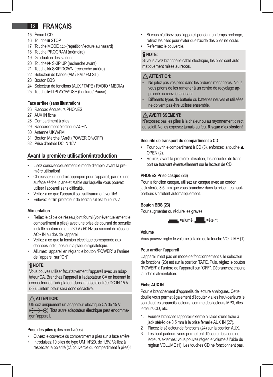 Français, Avant la première utilisation/introduction | AEG SRP 4335 CD-MP3 User Manual | Page 18 / 74