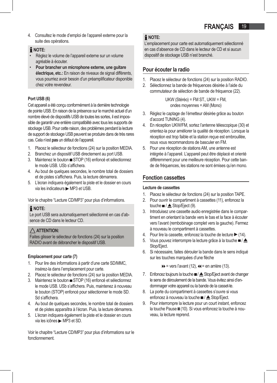 Français, Pour écouter la radio, Fonction cassettes | AEG SRP 4335 CD-MP3 User Manual | Page 19 / 74