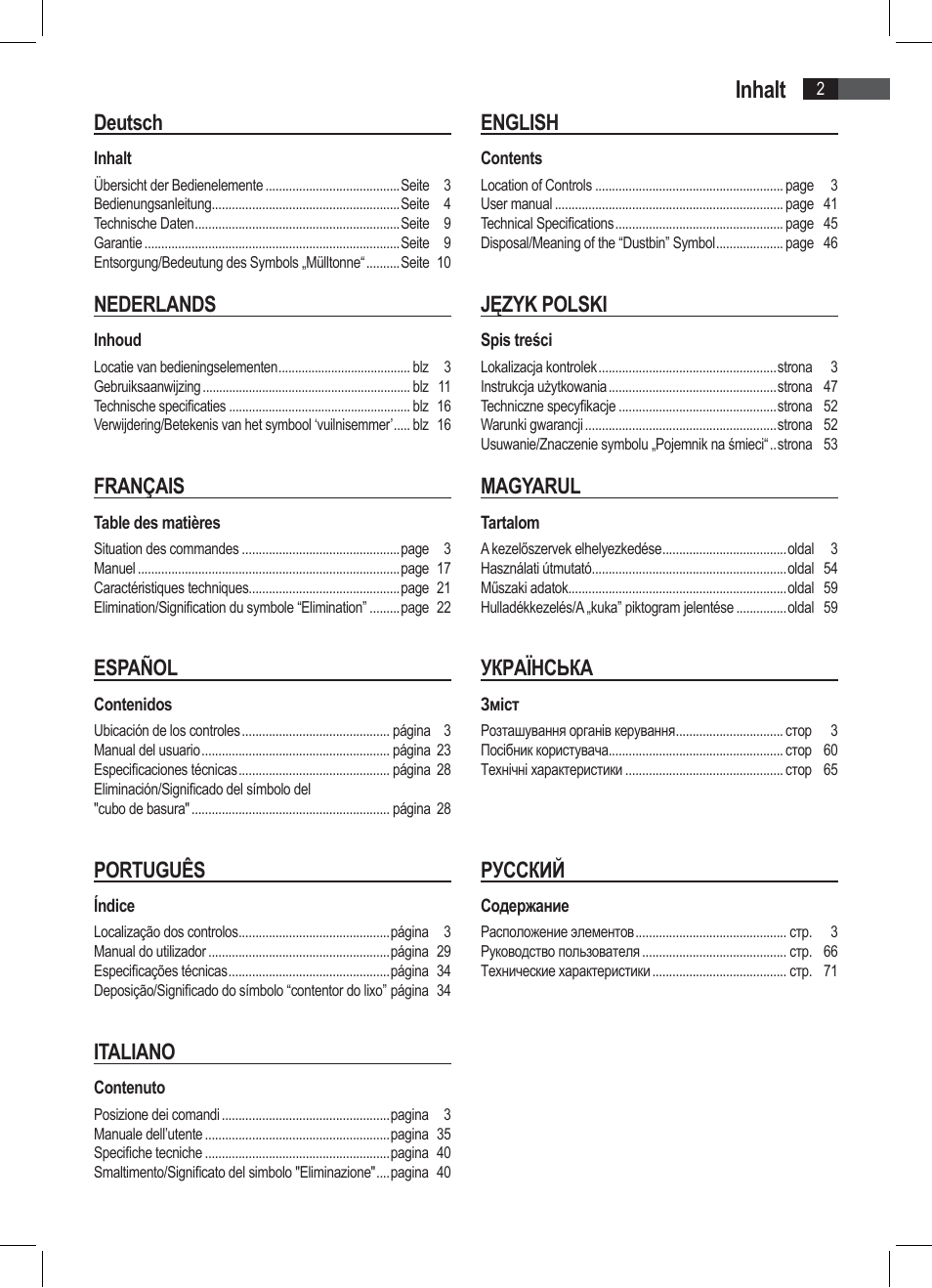 Inhalt, Deutsch, Nederlands | Français, Español, Português, Italiano, English, Język polski, Magyarul | AEG SRP 4335 CD-MP3 User Manual | Page 2 / 74