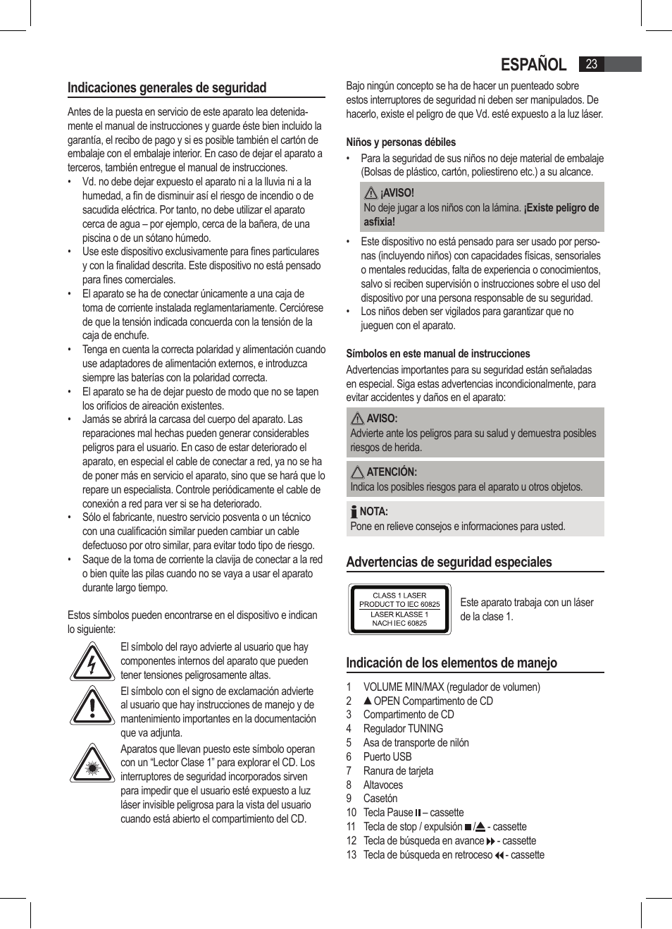 Español, Indicaciones generales de seguridad, Advertencias de seguridad especiales | Indicación de los elementos de manejo | AEG SRP 4335 CD-MP3 User Manual | Page 23 / 74