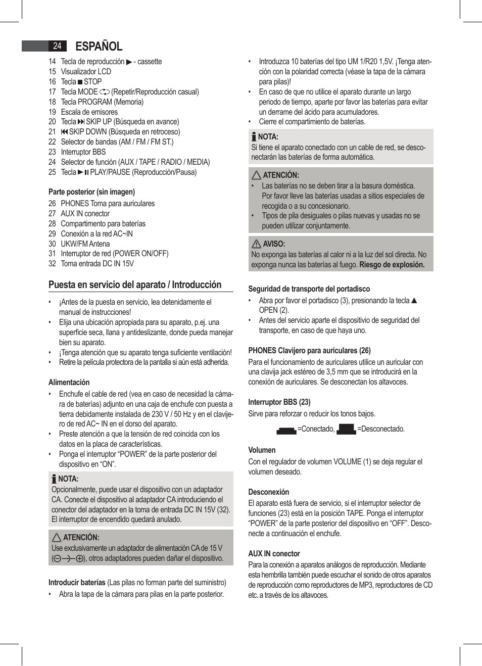 Español, Puesta en servicio del aparato / introducción | AEG SRP 4335 CD-MP3 User Manual | Page 24 / 74