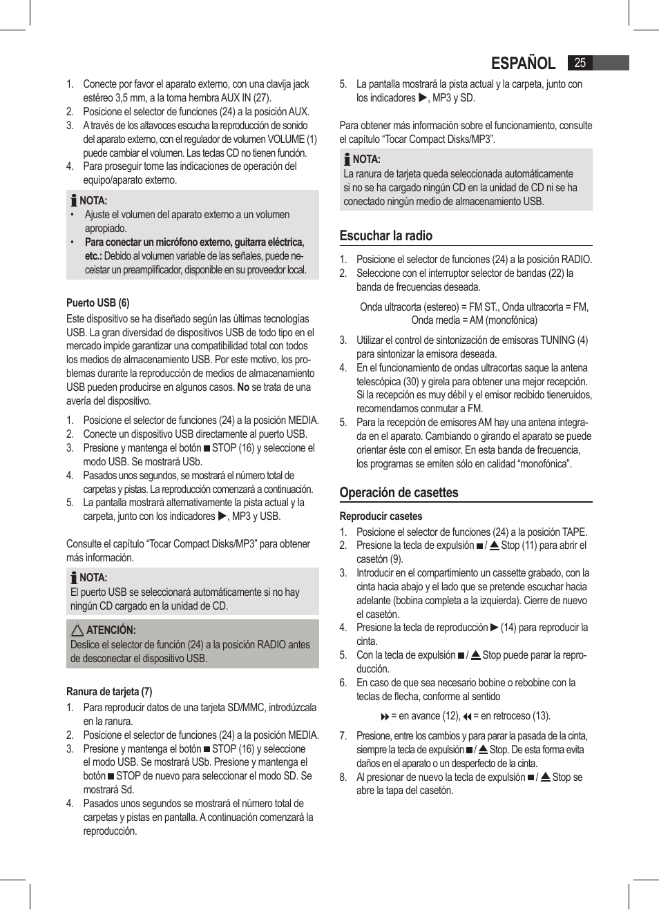 Español, Escuchar la radio, Operación de casettes | AEG SRP 4335 CD-MP3 User Manual | Page 25 / 74