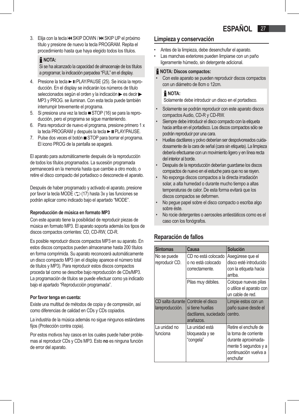 Español, Limpieza y conservación, Reparación de fallos | AEG SRP 4335 CD-MP3 User Manual | Page 27 / 74