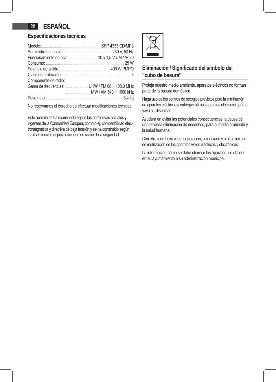 Español | AEG SRP 4335 CD-MP3 User Manual | Page 28 / 74