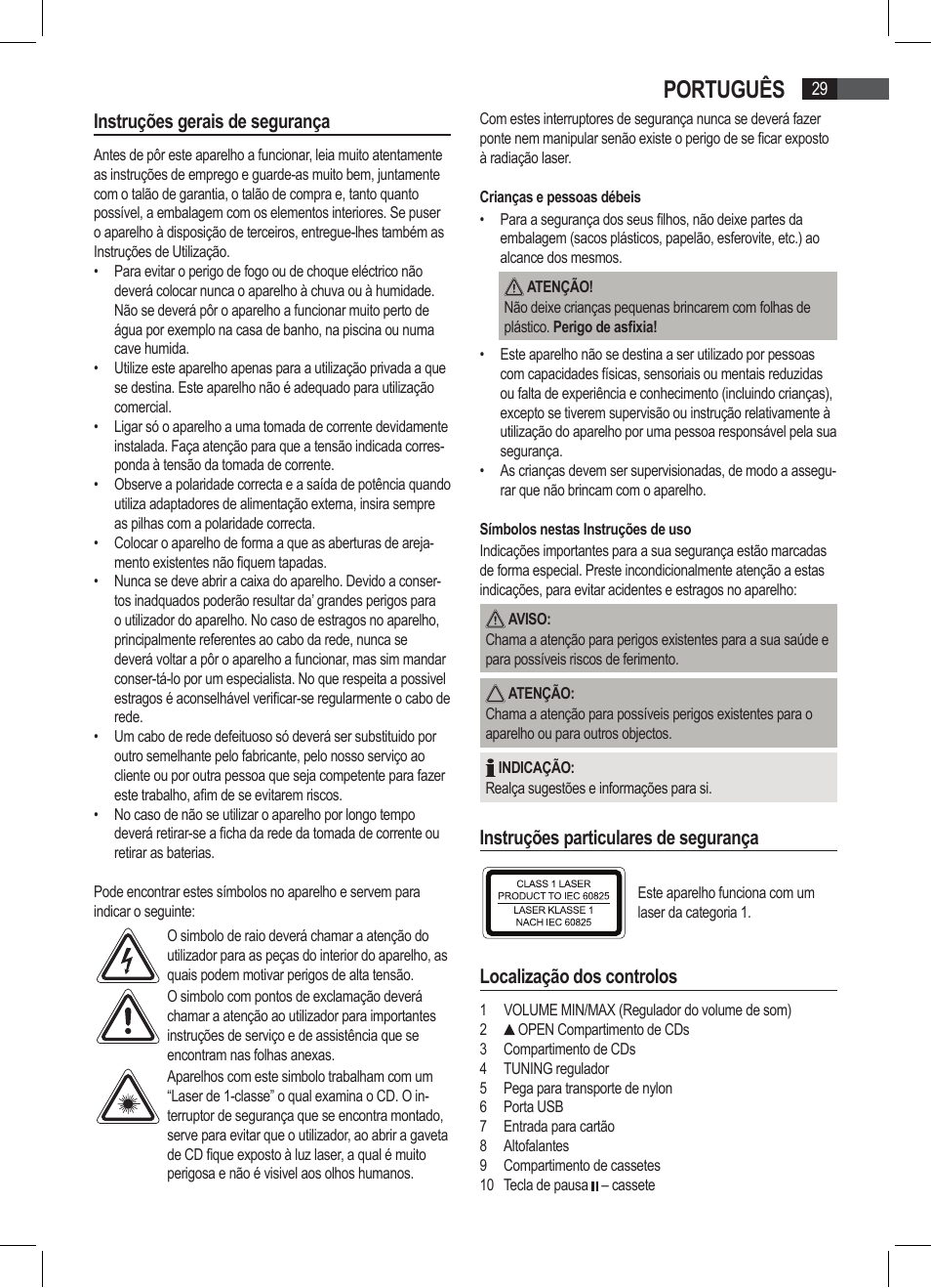 Português, Instruções gerais de segurança, Instruções particulares de segurança | Localização dos controlos | AEG SRP 4335 CD-MP3 User Manual | Page 29 / 74