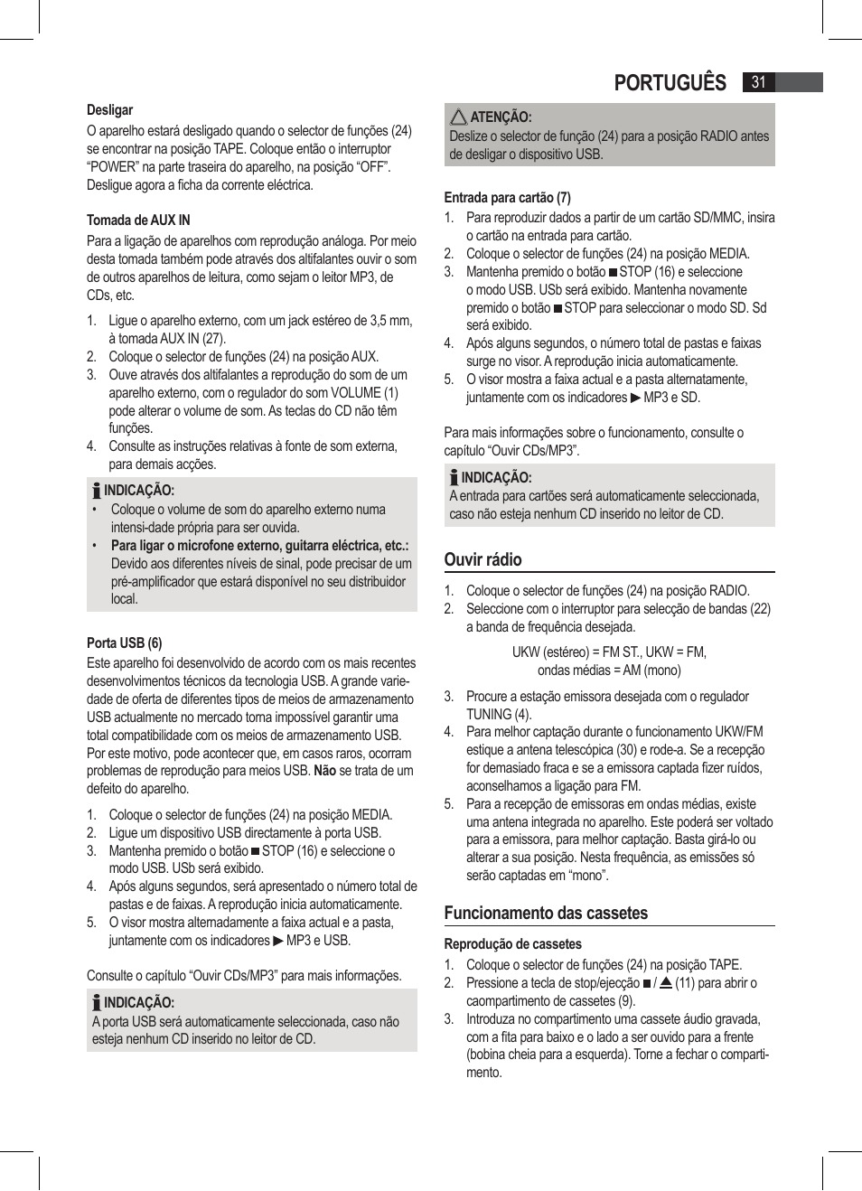 Português, Ouvir rádio, Funcionamento das cassetes | AEG SRP 4335 CD-MP3 User Manual | Page 31 / 74