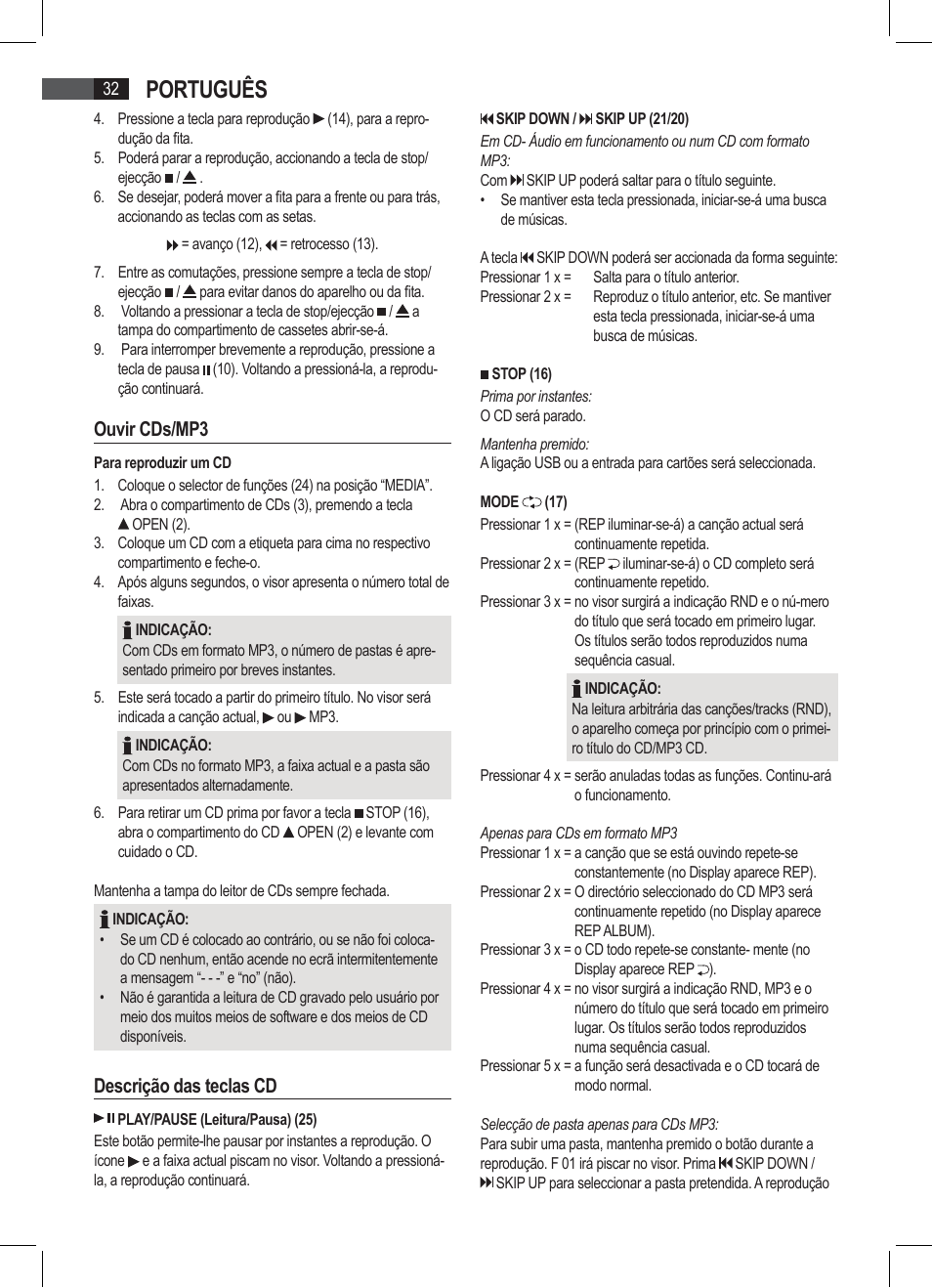 Português, Ouvir cds/mp3, Descrição das teclas cd | AEG SRP 4335 CD-MP3 User Manual | Page 32 / 74