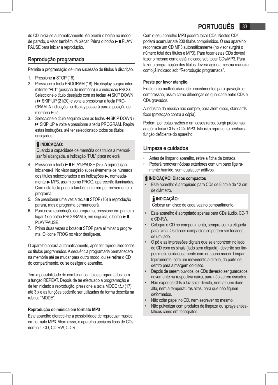 Português, Reprodução programada, Limpeza e cuidados | AEG SRP 4335 CD-MP3 User Manual | Page 33 / 74