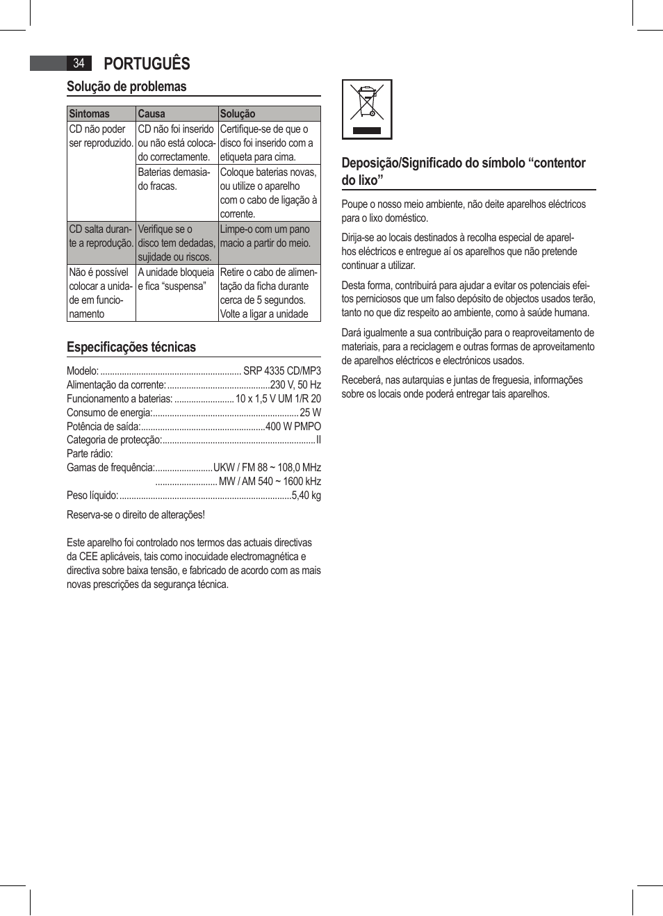 Português, Solução de problemas, Especificações técnicas | AEG SRP 4335 CD-MP3 User Manual | Page 34 / 74