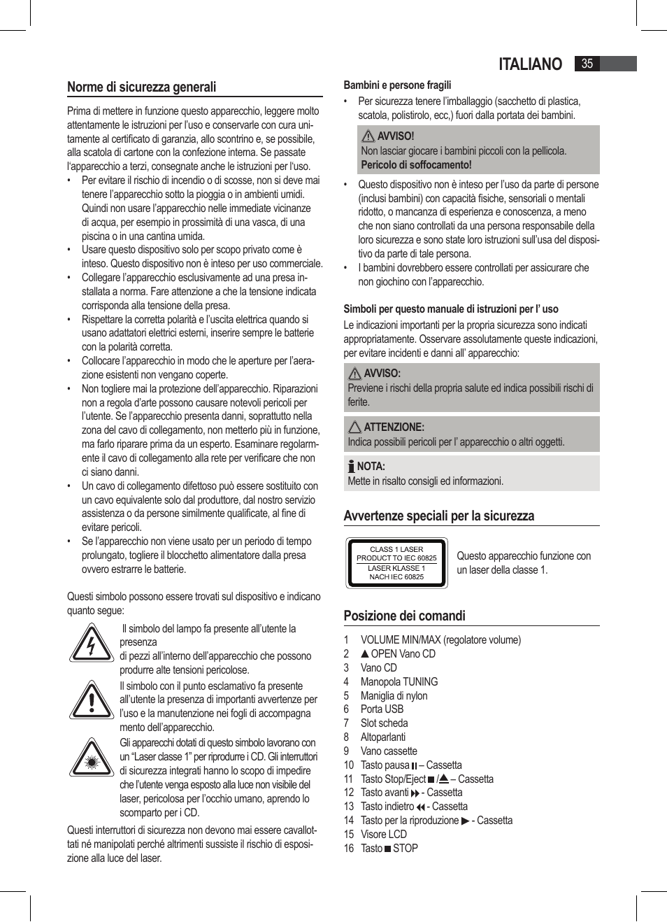Italiano, Norme di sicurezza generali, Avvertenze speciali per la sicurezza | Posizione dei comandi | AEG SRP 4335 CD-MP3 User Manual | Page 35 / 74