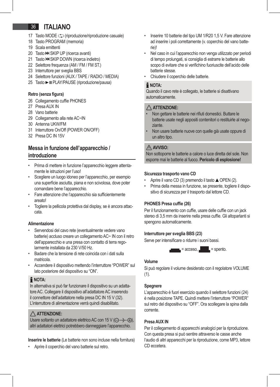 Italiano, Messa in funzione dell’apparecchio / introduzione | AEG SRP 4335 CD-MP3 User Manual | Page 36 / 74