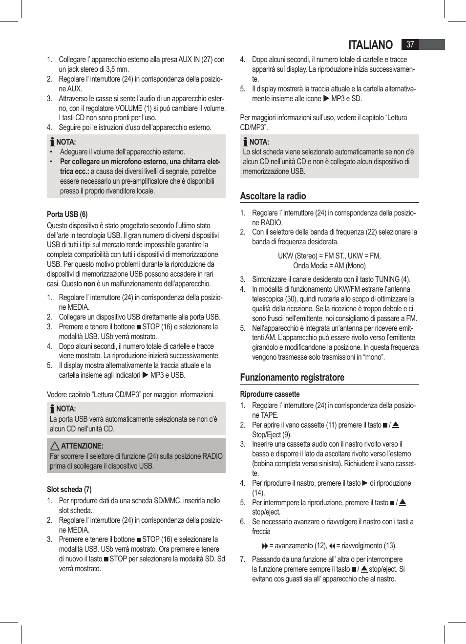 Italiano, Ascoltare la radio, Funzionamento registratore | AEG SRP 4335 CD-MP3 User Manual | Page 37 / 74
