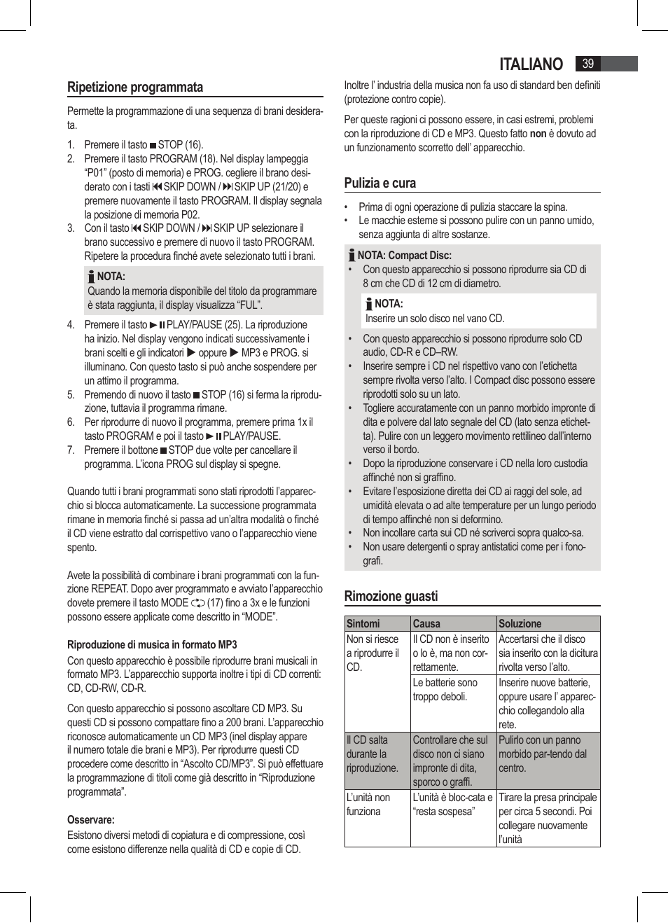 Italiano, Ripetizione programmata, Pulizia e cura | Rimozione guasti | AEG SRP 4335 CD-MP3 User Manual | Page 39 / 74