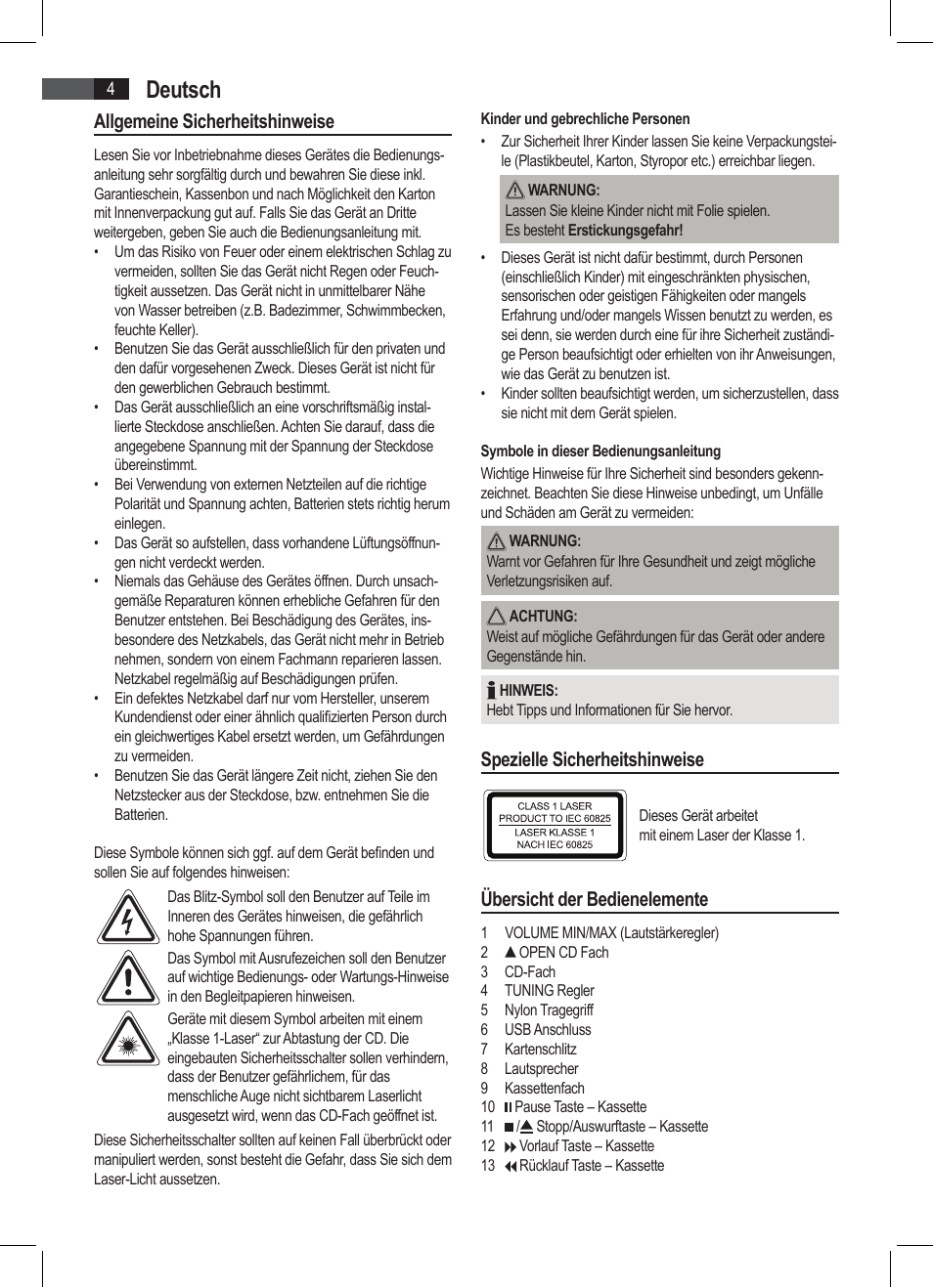 Deutsch, Allgemeine sicherheitshinweise, Spezielle sicherheitshinweise | Übersicht der bedienelemente | AEG SRP 4335 CD-MP3 User Manual | Page 4 / 74