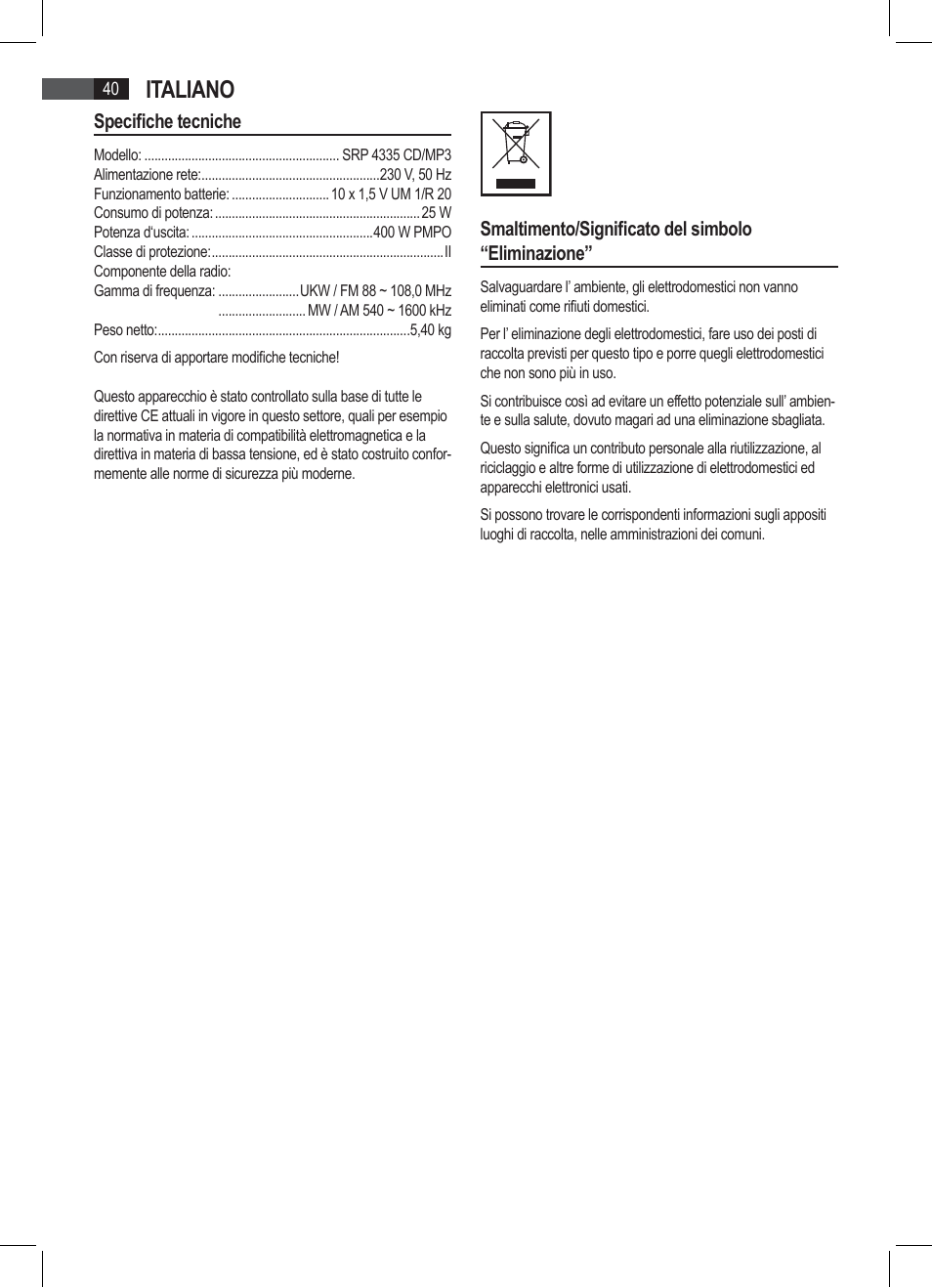 Italiano | AEG SRP 4335 CD-MP3 User Manual | Page 40 / 74