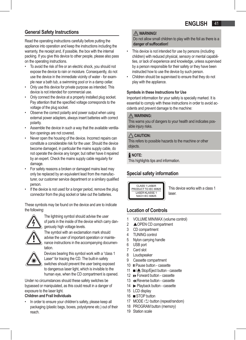 English, General safety instructions, Special safety information | Location of controls | AEG SRP 4335 CD-MP3 User Manual | Page 41 / 74