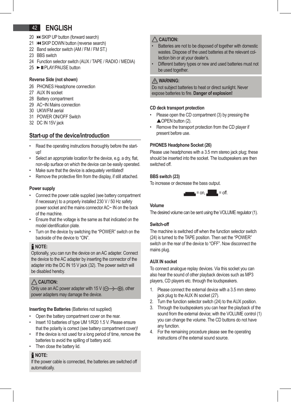 English, Start-up of the device/introduction | AEG SRP 4335 CD-MP3 User Manual | Page 42 / 74