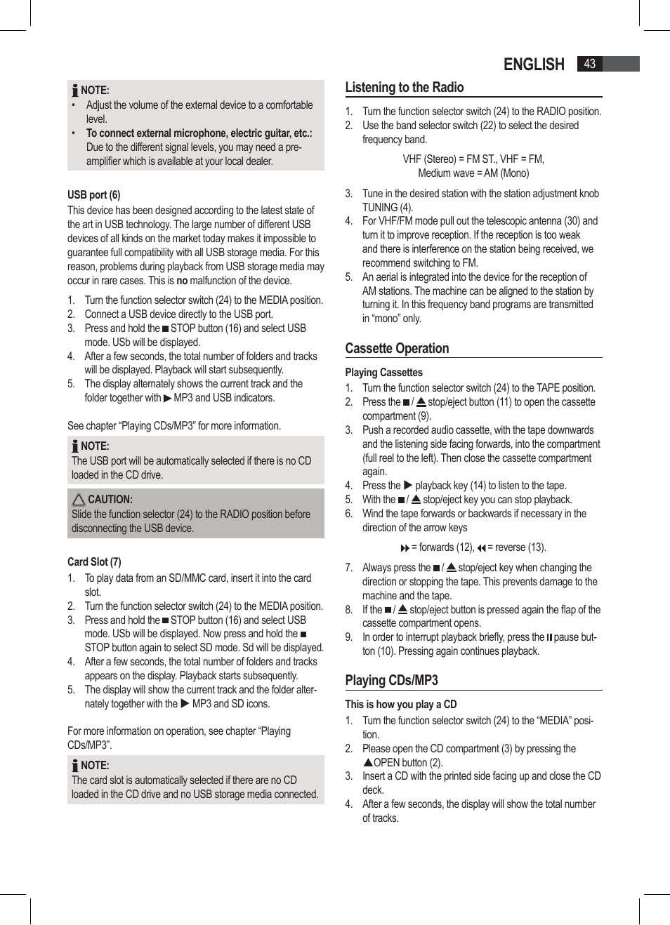 English, Listening to the radio, Cassette operation | Playing cds/mp3 | AEG SRP 4335 CD-MP3 User Manual | Page 43 / 74