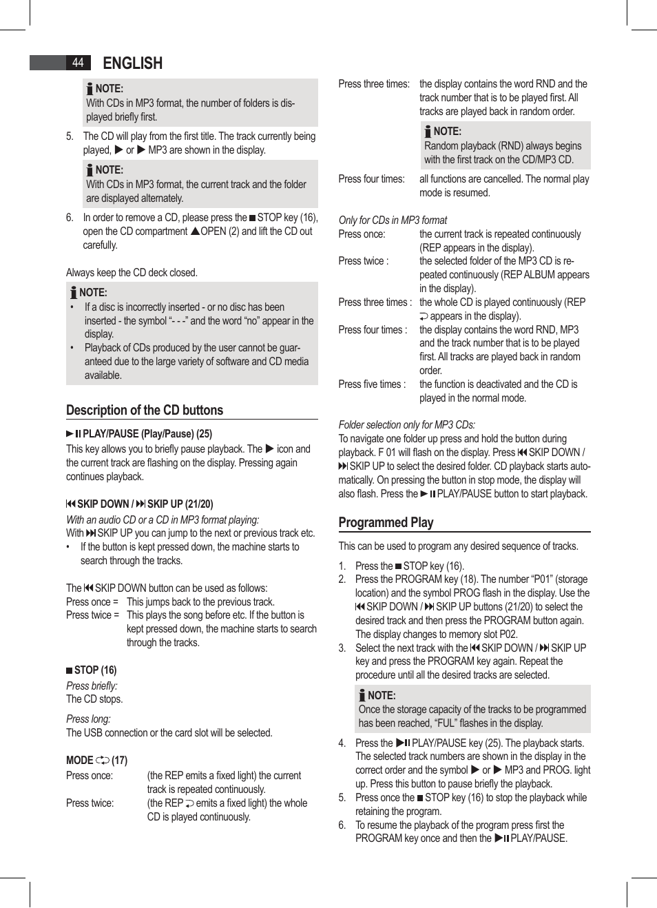 English, Description of the cd buttons, Programmed play | AEG SRP 4335 CD-MP3 User Manual | Page 44 / 74