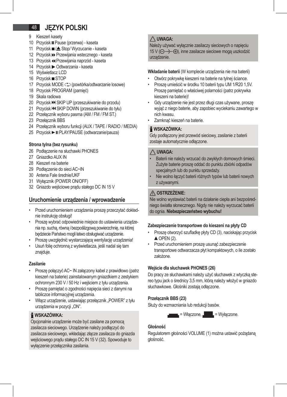 Język polski, Uruchomienie urządzenia / wprowadzenie | AEG SRP 4335 CD-MP3 User Manual | Page 48 / 74