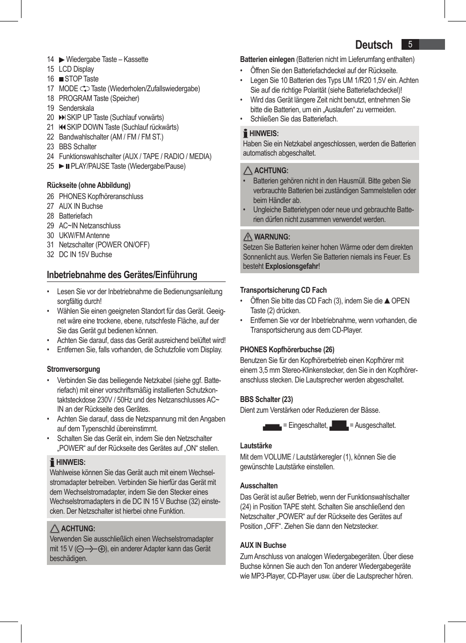 Deutsch, Inbetriebnahme des gerätes/einführung | AEG SRP 4335 CD-MP3 User Manual | Page 5 / 74
