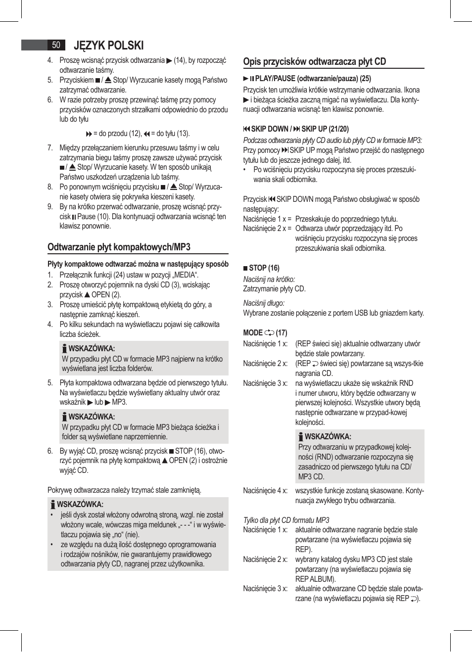 Język polski, Odtwarzanie płyt kompaktowych/mp3, Opis przycisków odtwarzacza płyt cd | AEG SRP 4335 CD-MP3 User Manual | Page 50 / 74