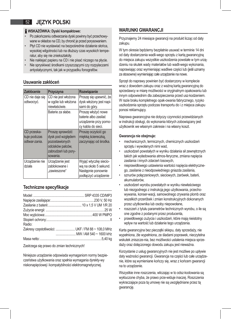 Język polski, Usuwanie zakłóceń, Techniczne specyfikacje | Warunki gwarancji | AEG SRP 4335 CD-MP3 User Manual | Page 52 / 74