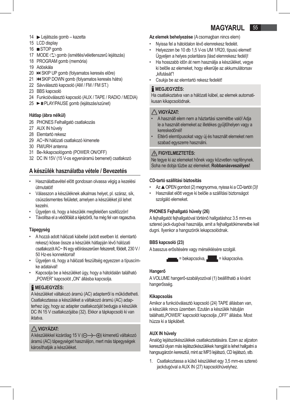 Magyarul, A készülék használatba vétele / bevezetés | AEG SRP 4335 CD-MP3 User Manual | Page 55 / 74