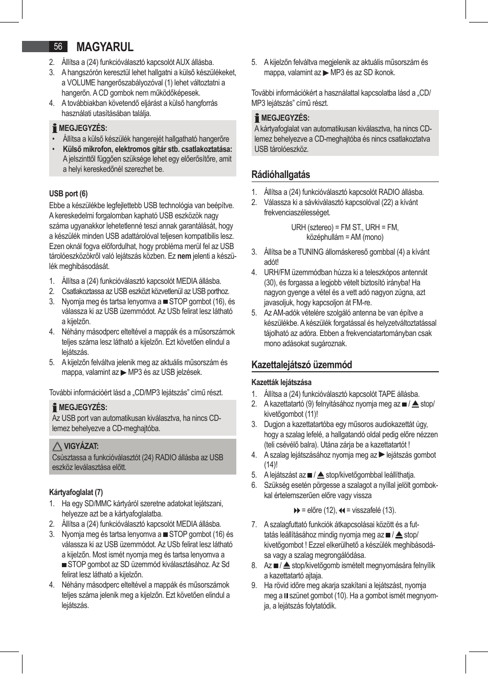 Magyarul, Rádióhallgatás, Kazettalejátszó üzemmód | AEG SRP 4335 CD-MP3 User Manual | Page 56 / 74