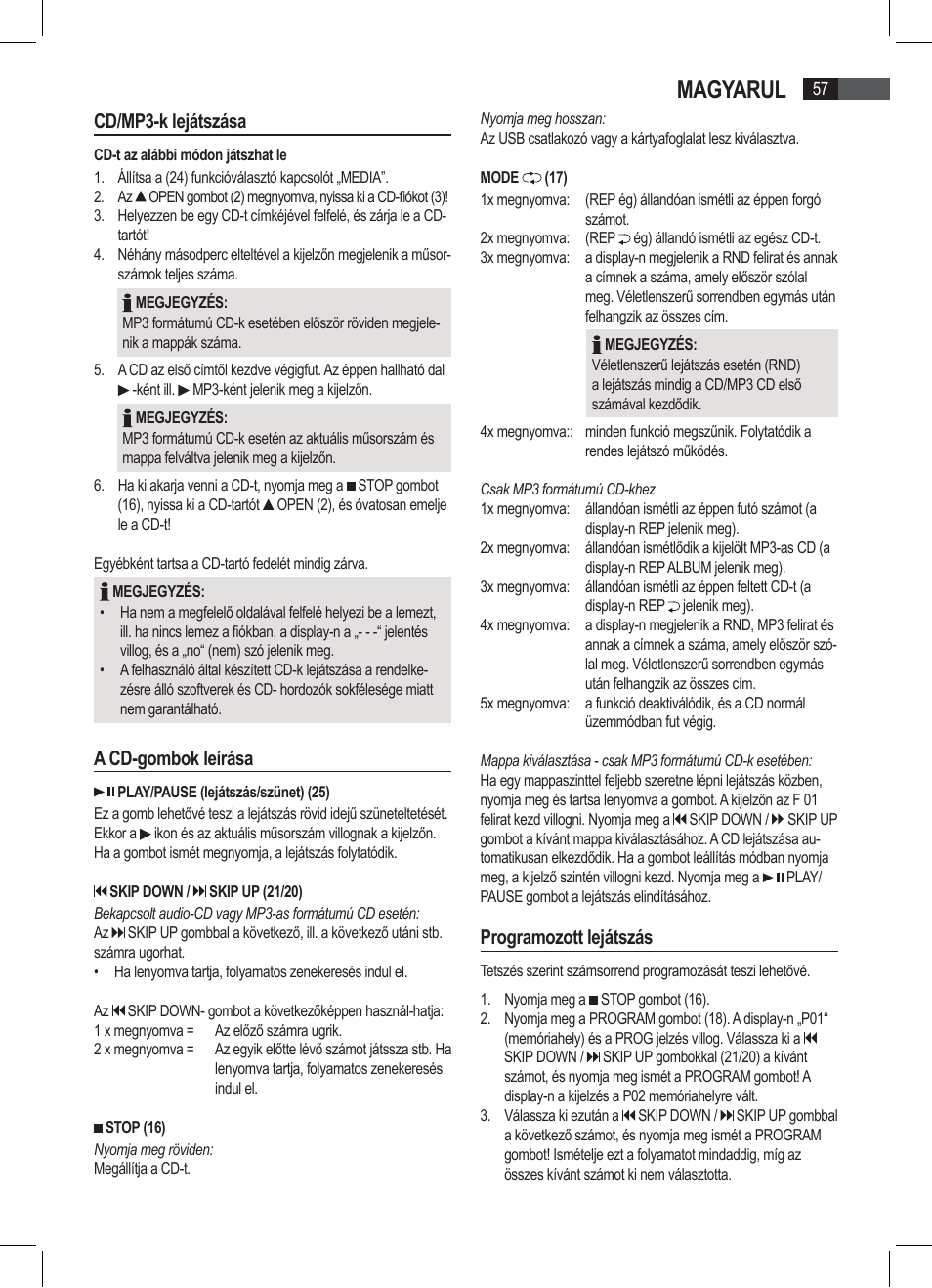 Magyarul, Cd/mp3-k lejátszása, A cd-gombok leírása | Programozott lejátszás | AEG SRP 4335 CD-MP3 User Manual | Page 57 / 74