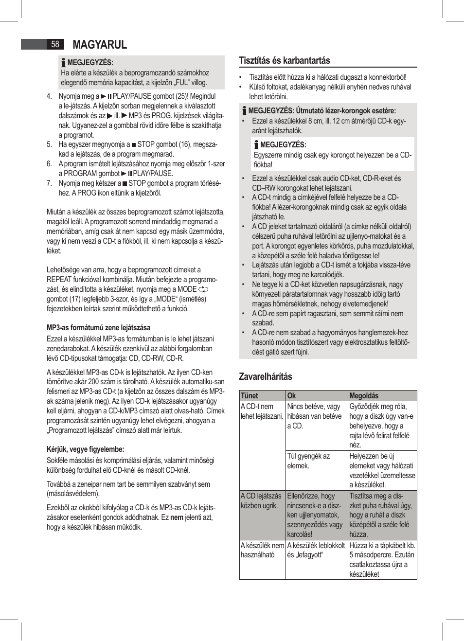 Magyarul, Tisztítás és karbantartás, Zavarelhárítás | AEG SRP 4335 CD-MP3 User Manual | Page 58 / 74